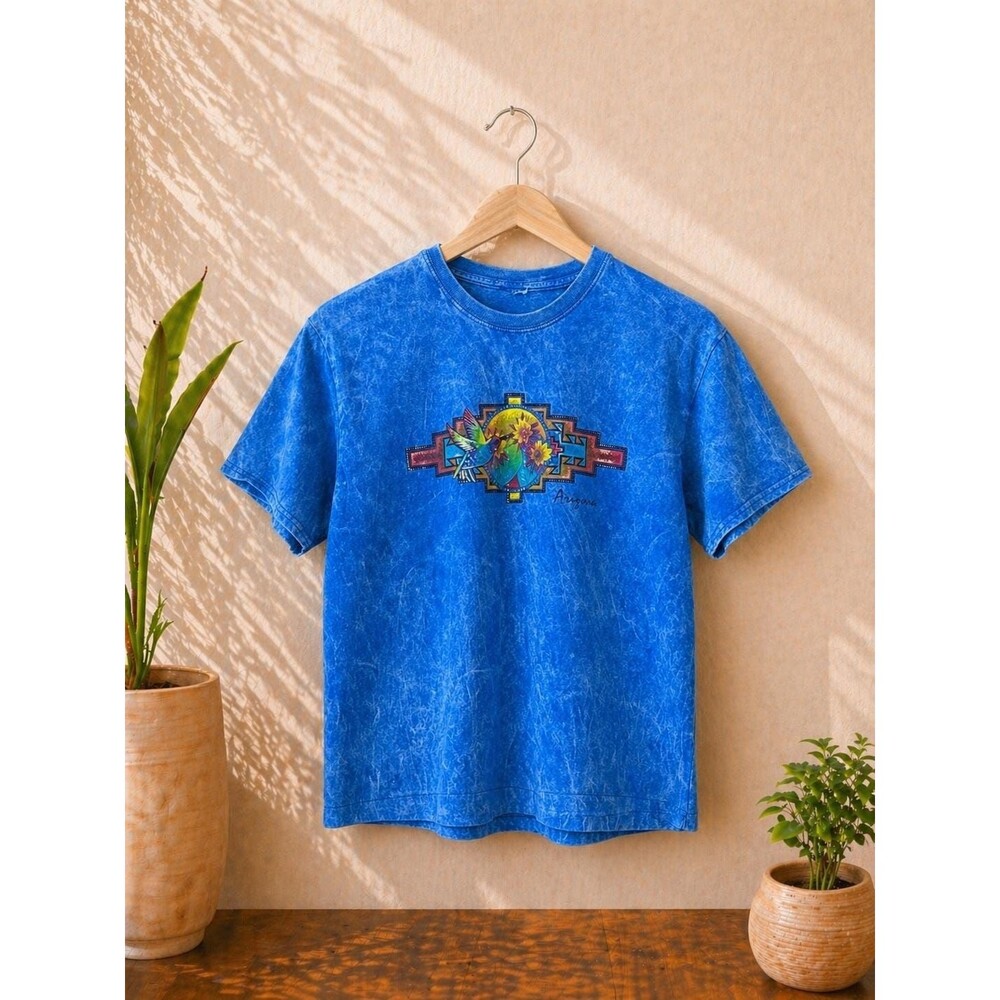 Vintage 90s Arizona Hummingbird Tee Blue Mineral Wash Southwest Graphic